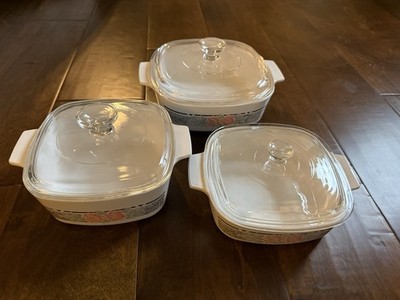 VTG NOS CorningWare Silk & Roses Casserole Dish Set w/ Lids, 2L, 1.5L, 1L
