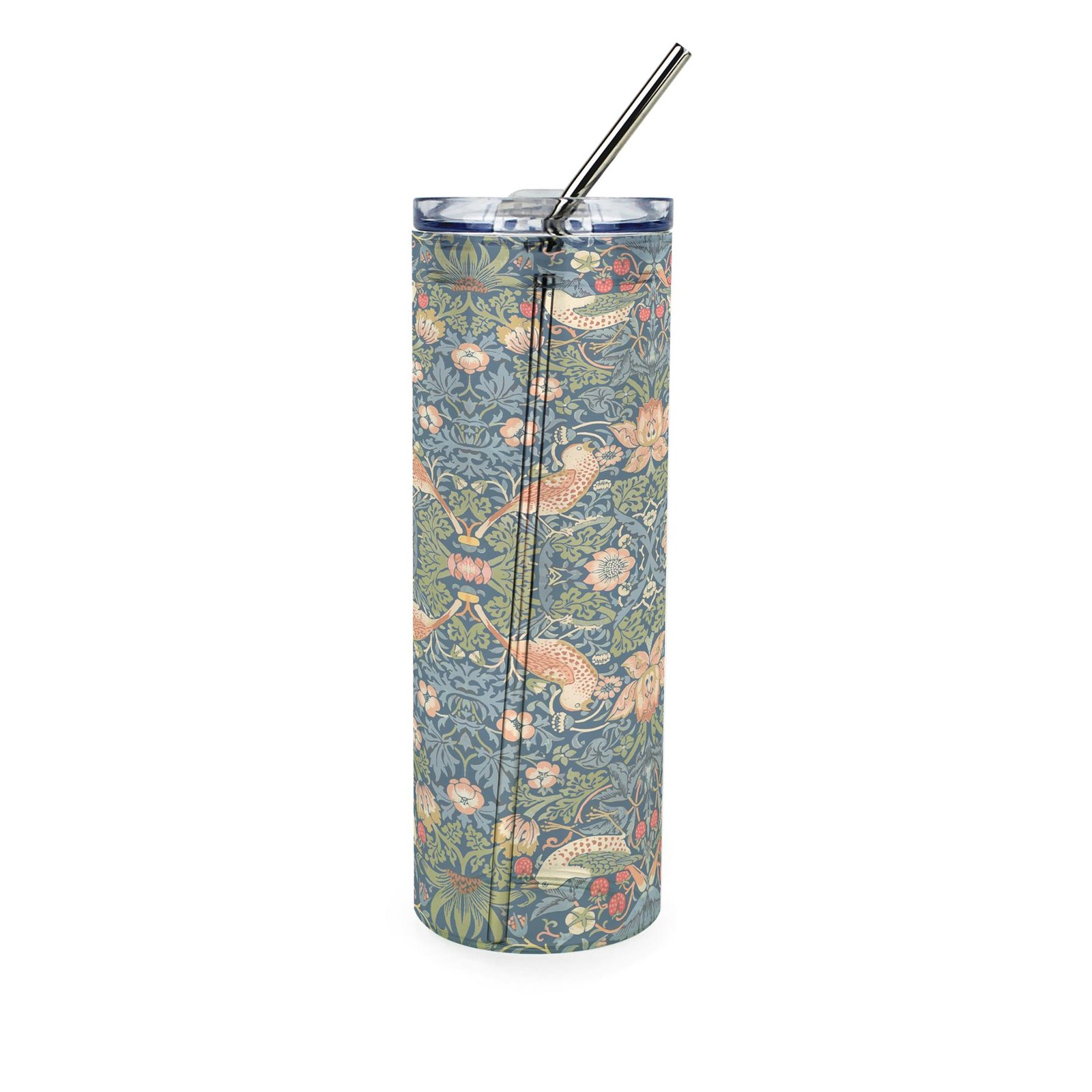 B&Q -  Blue Strawberry Thief Glass Travel FlaskWilliam Morris Artwork GiftsDrinks Cup With Metal Straw - Image 2
