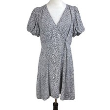 Madewell 6 Challis Button Wrap Mini Black Puff Short Sleeve Floral A-Line Dress