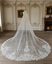 Handmade Mantilla Lace Cathedral Wedding Veil, Appliqued Lace Edge, Ivory