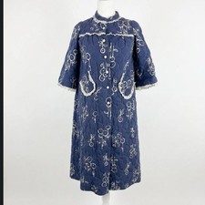 Vintage Handmade Blue Floral Quilted House Coat Duster Robe Cottage Core