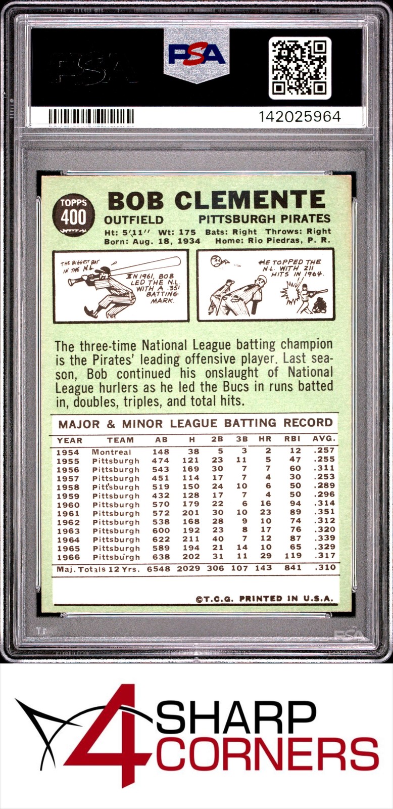1967 TOPPS #400 ROBERTO BOB CLEMENTE PIRATES HOF PSA 6 view 2