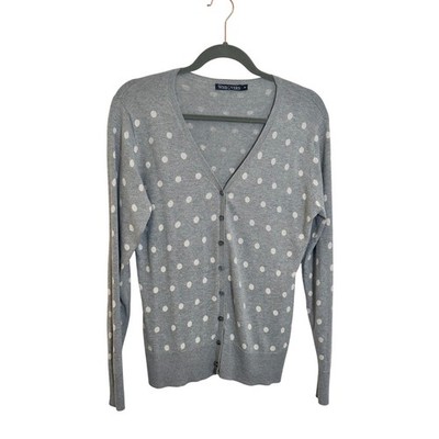 WoolOvers Lightweight Cardigan Sweater Size M Gray Silk Cotton Polka Dot Preppy