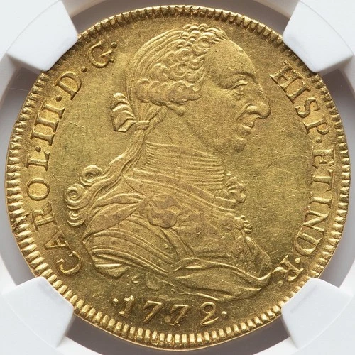 Peru: Charles III Gold 8 Escudos 1772 LM-JM NGC AU-58 Lima mint. Nice PQ coin!