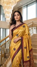 Ajrakh Print Saree Semi Modal Silk Real Mirror Work Moti Pallu Designer Sari