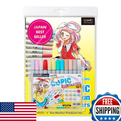 Copic Ciao Illustration Book Bundle Set, Alcohol-Based Markers (12 pcs) with an 