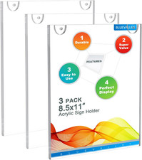 3 Pack Acrylic Sign Holder 8.5x11 Wall Mount Portrait Clear Menu, Flyer Pict