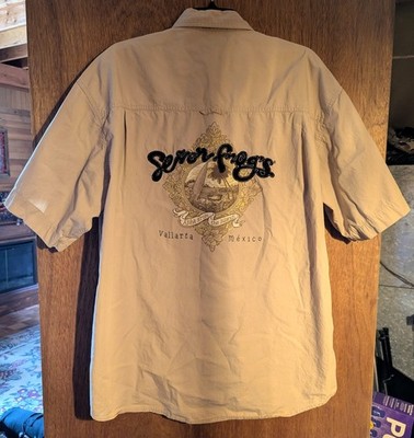 Senor Frogs Shirt Mens XXL Tan Embroidered Button Up Vallarta Mexico Bar EUC SEE