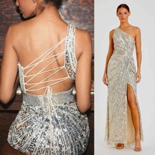 NEW MAC DUGGAL SEQUINED ONE SHOULDER DRAPED LACE UP GOWN 5687 NUDE SILVER SZ 6