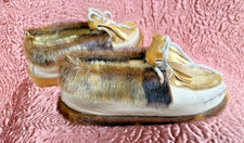 Vintage Leather and Real Fur Women's or Large Child Moccasins Size 5 Women