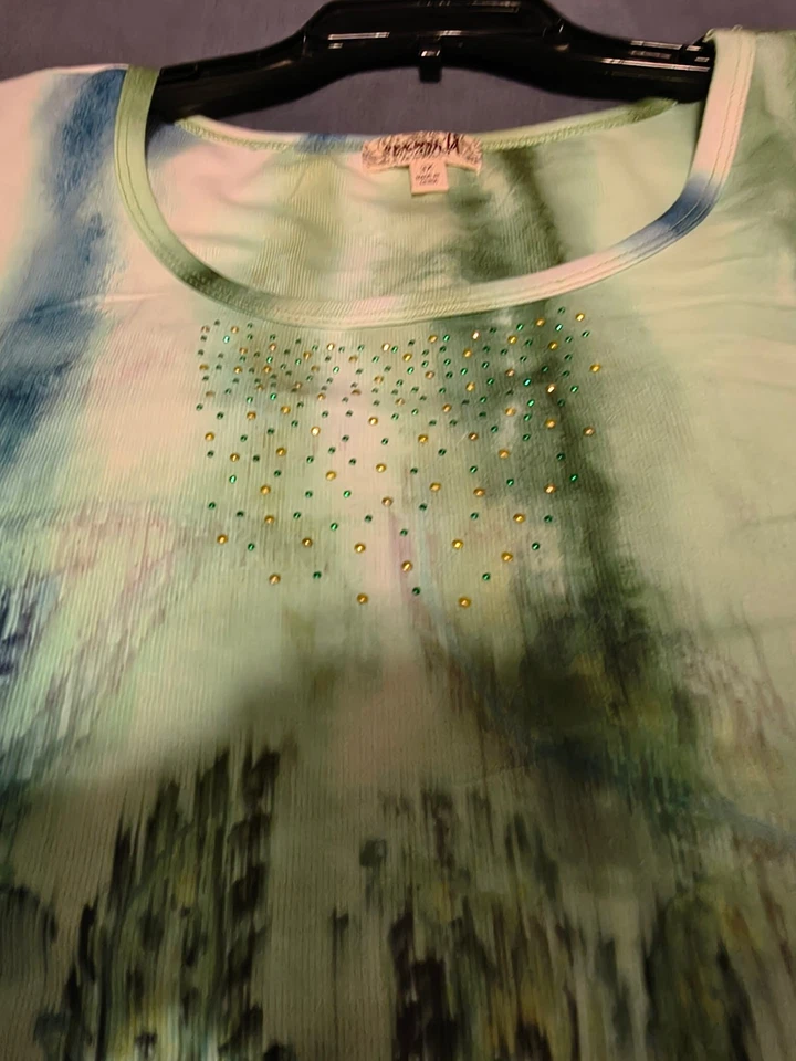 Blusa One World Mujer 3X Turquesa Gasa Con Etiqueta Abertura Trasera Patrón Sea-Life Foto 4 de 4