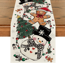 Snowman Gingerbread Xmas Pine Merry Christmas Table Runner, Seasonal