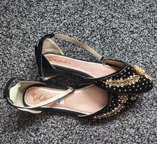 Clive Black Suede Velvet Slingback Flats Closed Toe Beaded Buckle UK 4.5