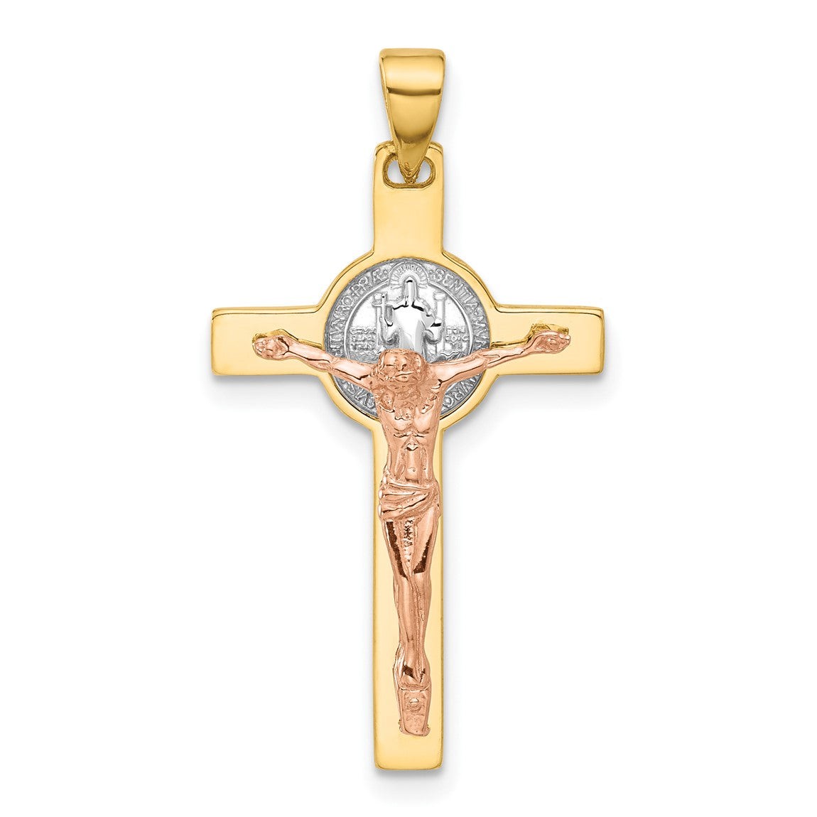 Oro 14K Dos Tonos con Crucifijo Rodiado Blanco y Colgante San Benito