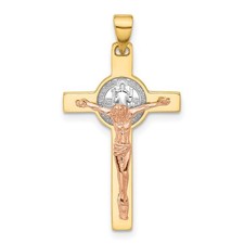14K Two-tone Gold with White Rhodium-plating Crucifix and St Benedict Pendant