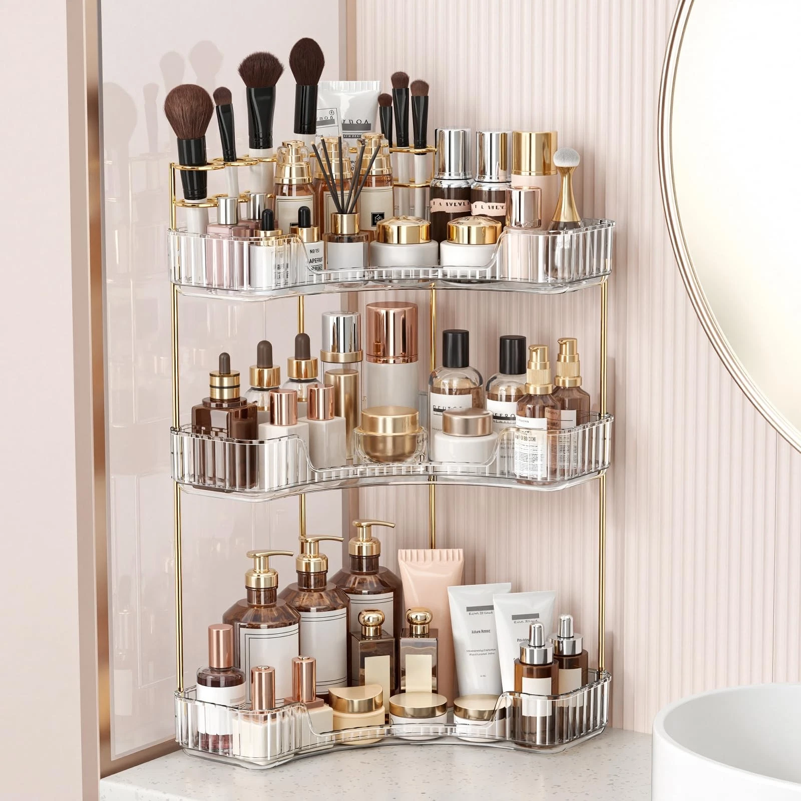Corner Bathroom Counter Organizer, Upgraded 3-Tier Makeup Organizer Counterto...
