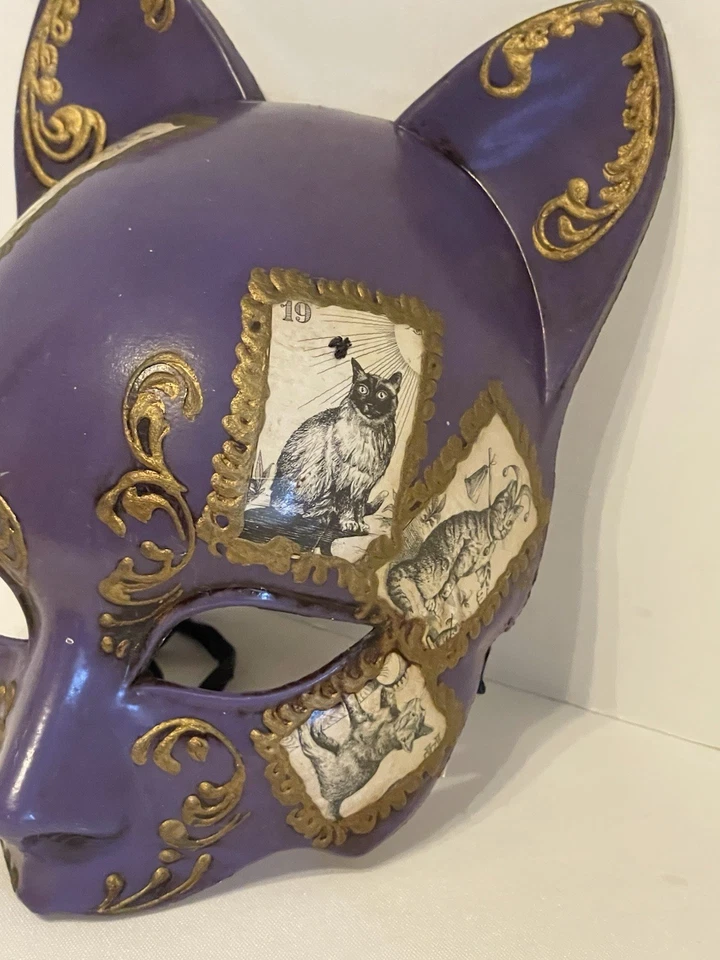 Masquerade Cat Mask Purple Gold Decorated with Cat Stamps Decorative Wall Hanger - Image 3 of 4