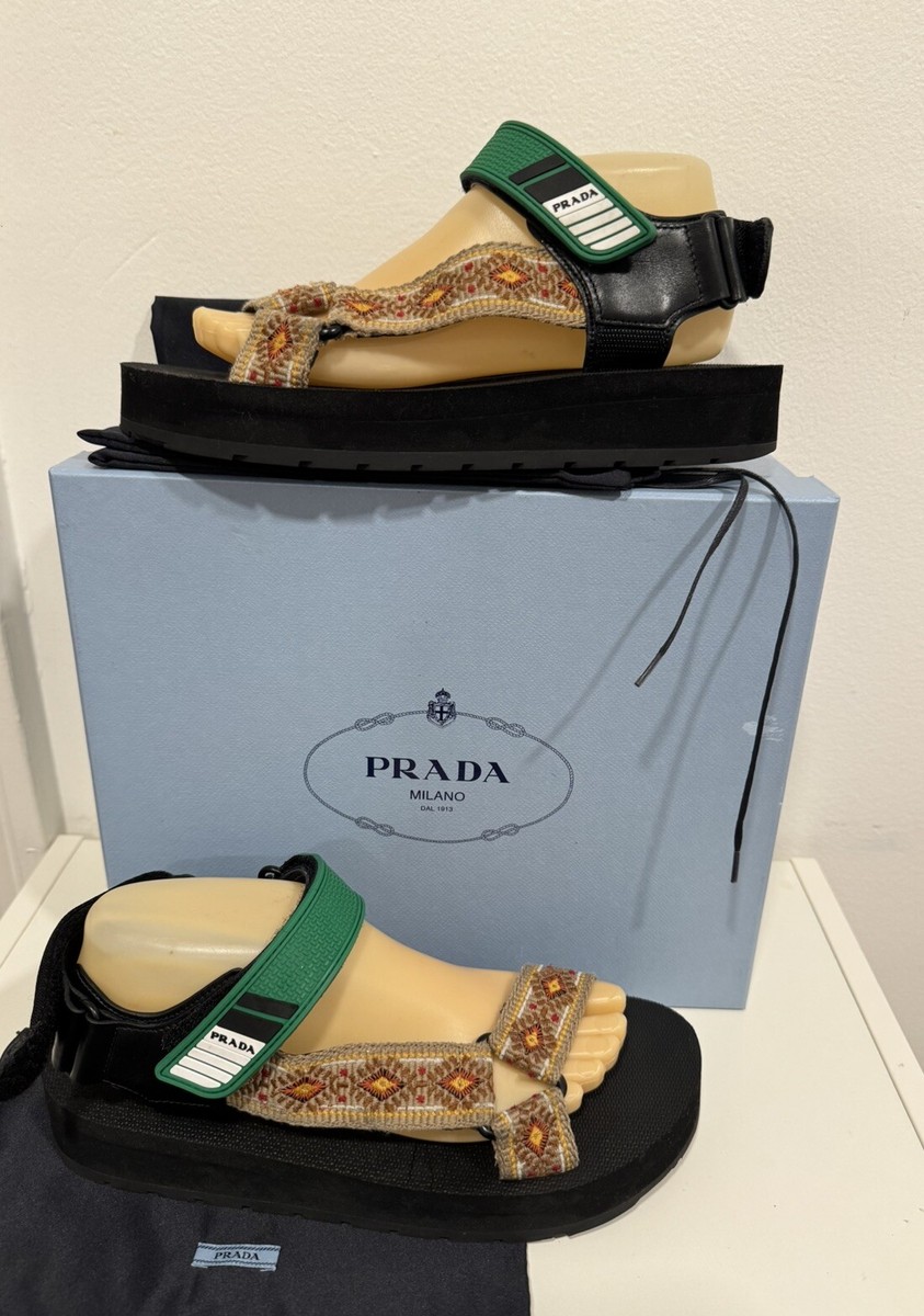 PRADA Nastro TEXTURED LOGO ANKLE STRAP PLATFORM SPORT SANDALS Sz