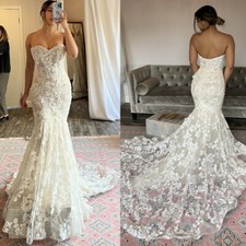 Sexy Lace Mermaid Wedding Dresses Appliques Strapless Sweep Train Bridal Gowns