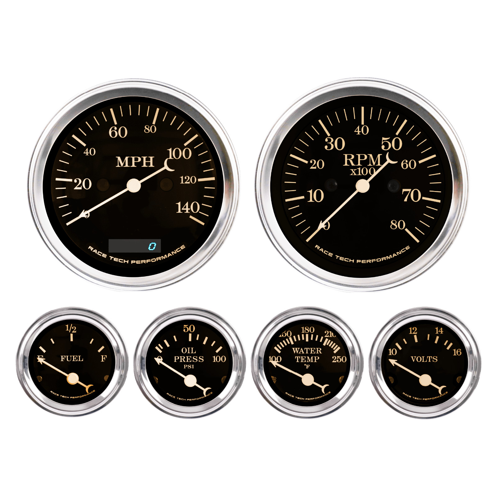 RACETECH Vintage Electrical GPS 6 Gauge Set Black Dial 4 Color 0-90 Ohm Classic