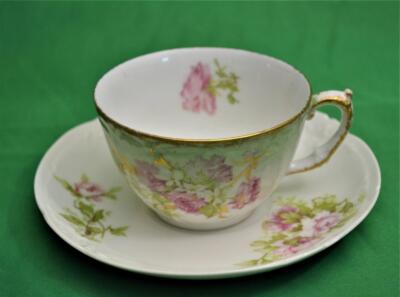 Antique LS&S LIMOGES France Light Green Background Pink FLOWERS Set Cup & Saucer