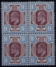 GB EDWARD VII 9d REDDISH PURPLE/ULTRAMARINE UMM BLOCK of 4 SOMERSET HOUSE PRINT