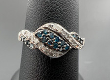 STERLING SILVER 925 BLUE WHITE ROUND BRILLIANT DIAMOND TWIST BAND RING SZ 6.5