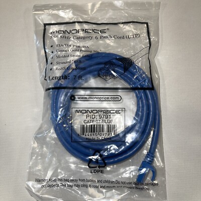 Monoprice 7 ft 550MHz Category 6 Ethernet Network Cable - Blue - Patch Cord UTP