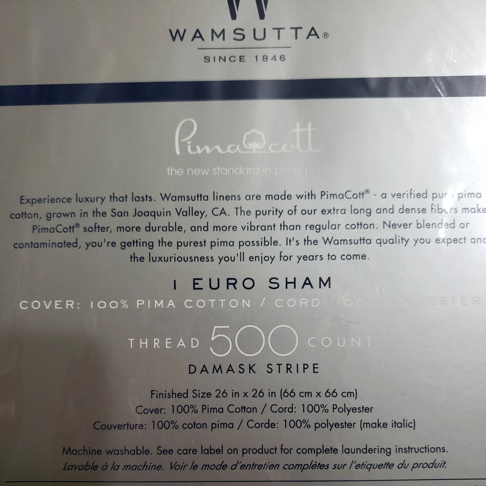 NWT Wamsutta Thread 500 Count Damask Stripe Euro Sham 100% Pima Cotton 26 x 26 - Image 4 of 4