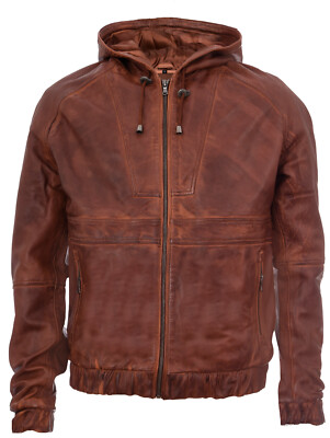 Herren hellbraun Vintage Retro lässig Reißverschluss 100 % Leder Kapuze Bomber Biker Jacke