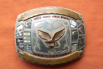 VTG Abalone Inlay Star Belt Buckle Western Celestial Distrayed *chipped Vtg SOUTHWESTERN DESIGN ART BELT BUCKLE Abalone shell Inlays  main image 4