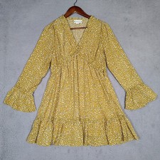 Loveriche Mini Dress Women's Small Mustard Dotted Lined Ruffle Bell Sleeve Boho