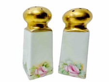 Antique Victorian Hand Painted Roses Gold Gilded Porcelain Salt  Pepper Shakers
