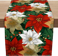 Poinsettia Christmas Table Runner, 13x72 Inch Burlap Holiday Table Decor with Re