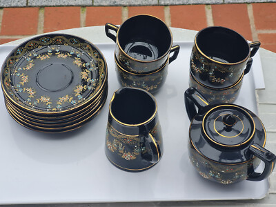 Schwarzes Teeservice, handbemalt von Garland aus England