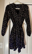 Gap Tie-Belt Print Dress, Navy Leopard Print SZ L Petite Elastic Sleeve Pockets