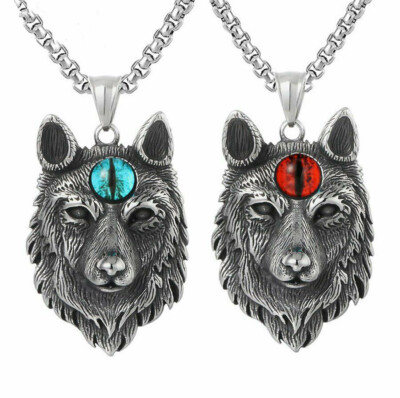 Mens Spiritual Evil Eye Wolf Head Pendant Necklace Stainless Steel Chain Gift