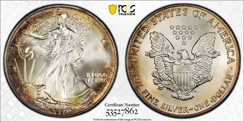1991 American Silver Eagle Rainbow Toned - PCGS MS67 Rainbow Toned - A391