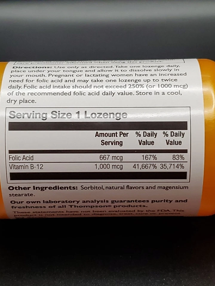 Thompson Nutritional B12 1000mcg Plus Folic Acid 30 Lozenge Exp 07/26 - Image 3 of 4