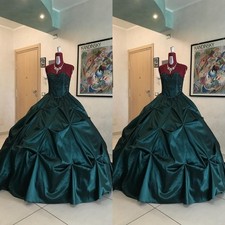 Dark Green Vintage Wedding Dresses Strapless Beading Ruched Satin Bridal Gowns