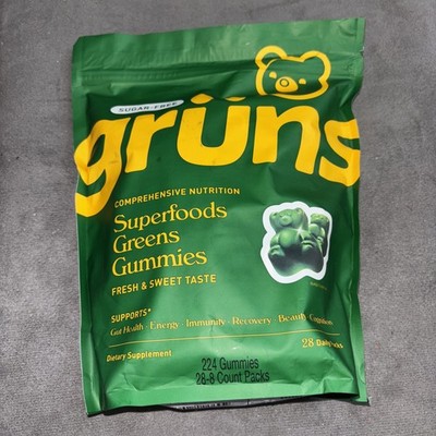 Gruns Adults Super Greens Gummies, NO SUGAR Superfood Gummy Bears 28 Packs