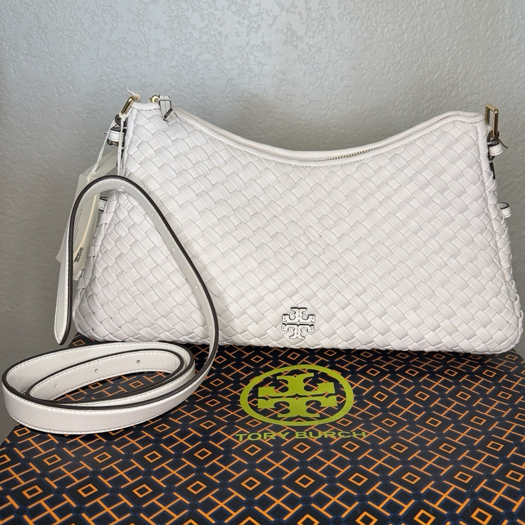 Tory Burch Thea Woven Zip Top Shoulder Bag White Gold Hardware New With Tags