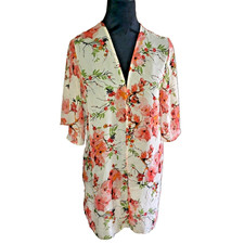 Sheer Spring Floral Kimono In Cream With Peach Florals. Made In USA. One Size