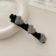 Black Velvet Silver Heart Rhinestone Gem Hair Clip Barrette Hair Accessory