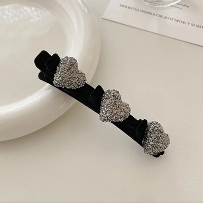 Black Velvet Silver Heart Rhinestone Gem Hair Clip Barrette Hair Accessory