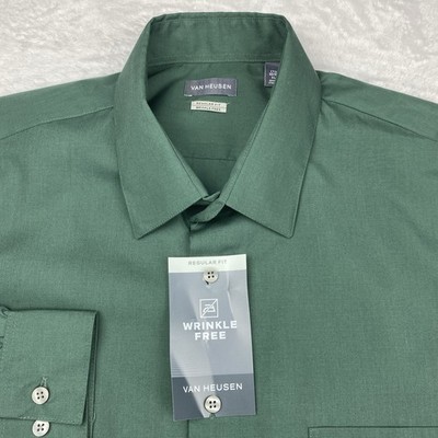 Van Heusen Dress Shirt Mens 17.5-32/33 Forest Green Wrinkle Free Regular  Fit NWT | eBay