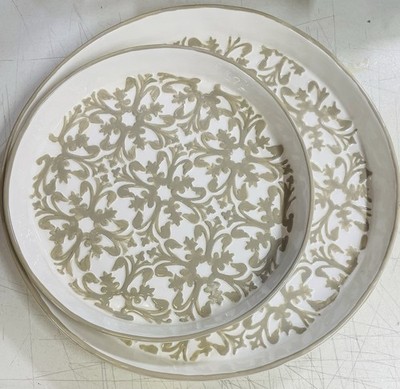 STUDIO B By Magenta 2 Ceramic 3D  Stacking Round Trays 15  X 11.25  Beige Linen