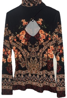 Venus Top S/M Brown Paisley Floral Stretch Knit High Neck Cut Out Shirt Blouse
