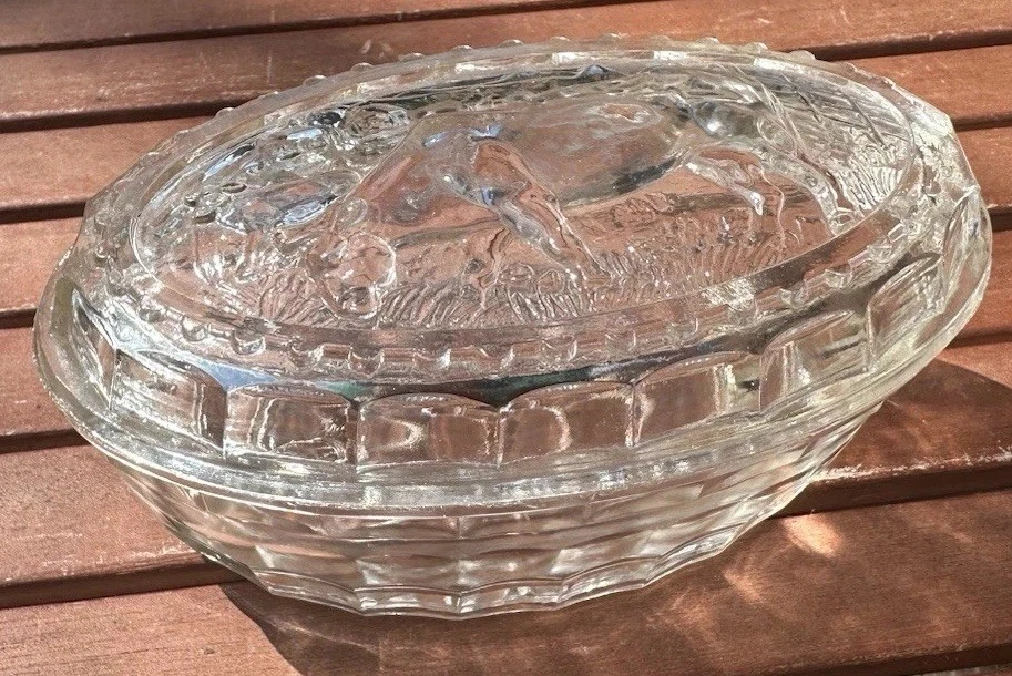 Vintage Oval Glass Lidded Butter Dish With Impressed Cow Design French