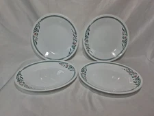 Vtg Corelle Bread Dessert Plates, Rosemarie, Green Trim, Set of Four, 6.75"